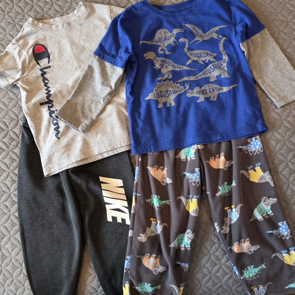Kids 4/4T Bundle: Dinosaur Pajama Pant & Long Sleeve, Dri Fit Sweats, T-shirt